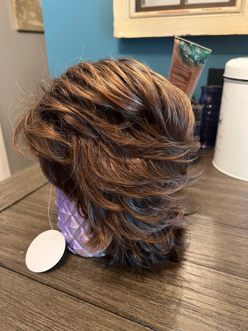 Women’s Elite Layered Short Shag Wig.  Multi Faceted Browns and Highlights.  B14